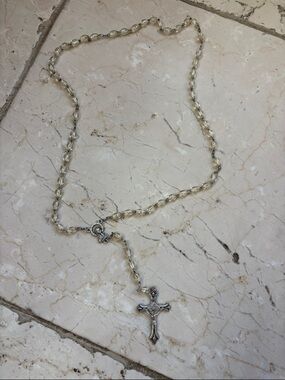 Silver-Tone Rosary Necklace with Crucifix